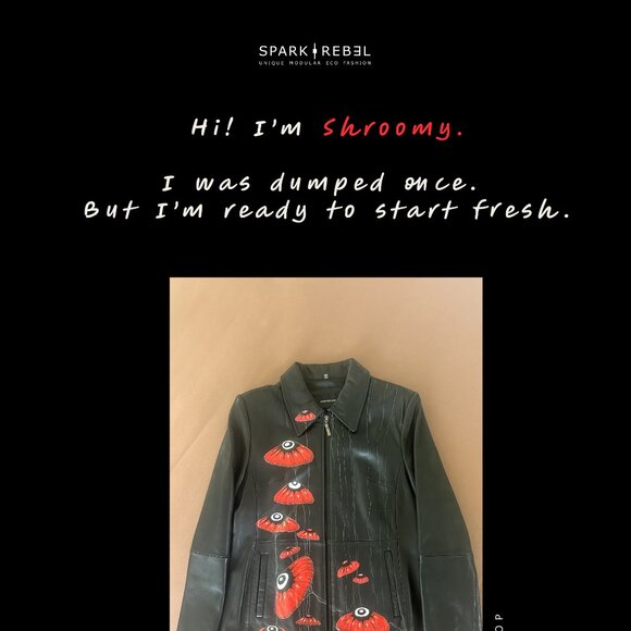 Hand-Painted Upcycled Unique Leather Jacket, "Shroomy," SPARK + REBEL - Size XL - Picture 10 of 11
